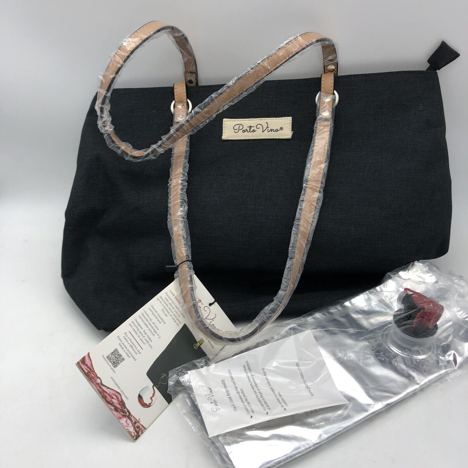PortoVino Wine Tote Black Fashionable Wine Purse Hidden Insulated.