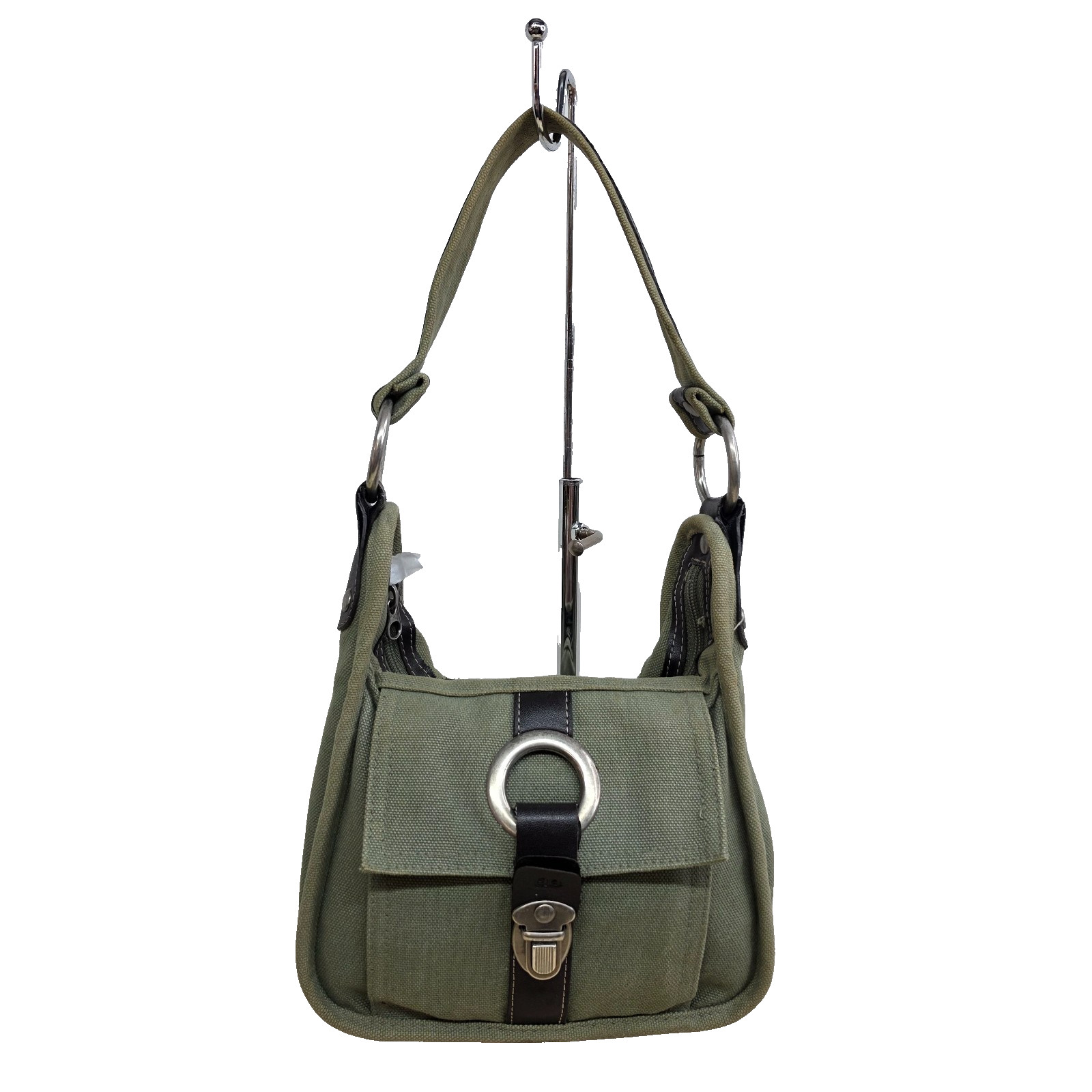 Y2K American Eagle Outfitters Green Canvas Shoulder Bag Buckle Flap Silver Ring